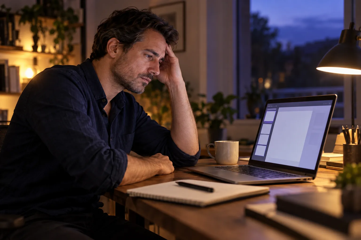 A man sits at his desk in the evening, thinking over his laptop