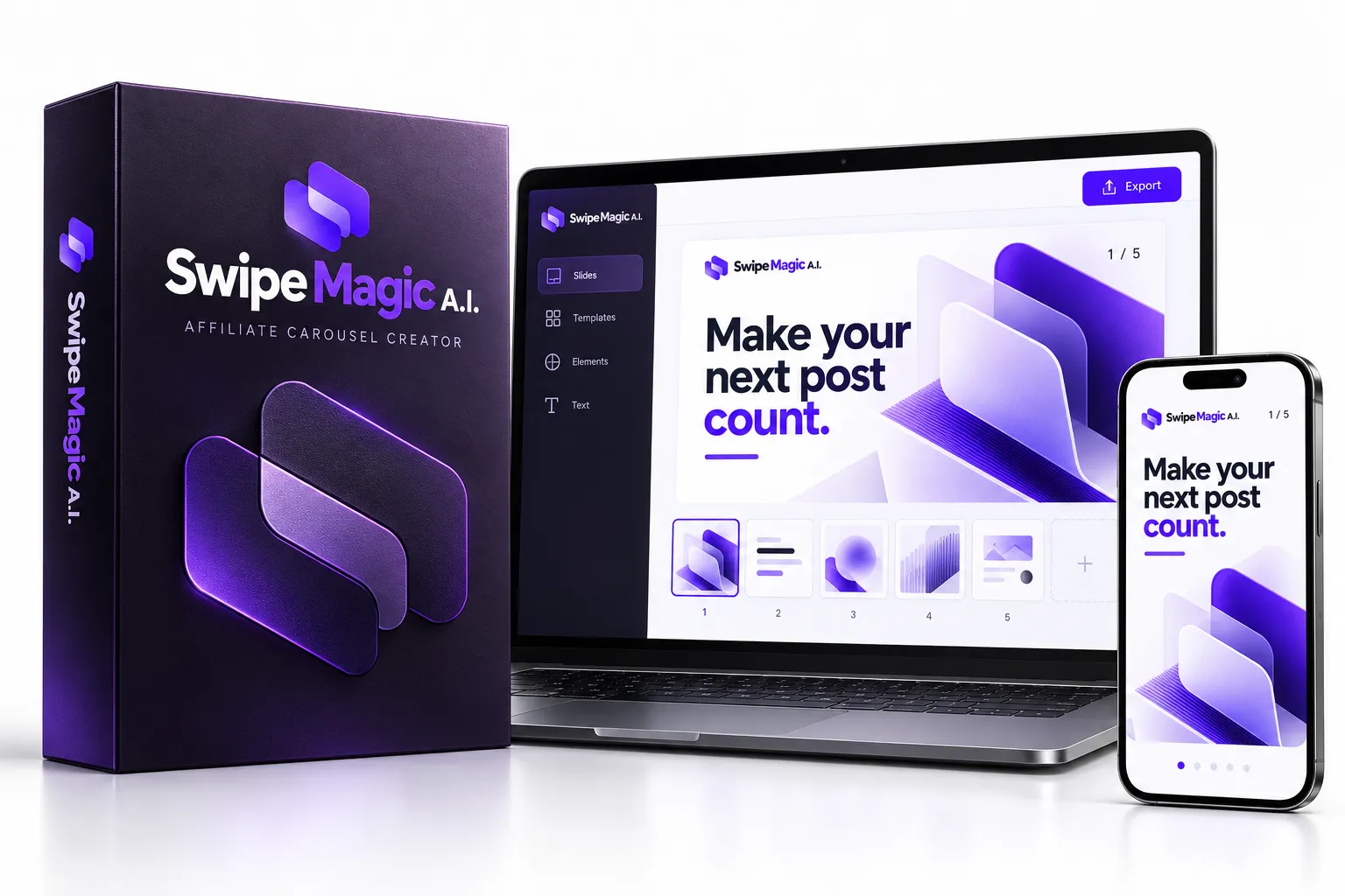 Swipe Magic A.I. software box beside a laptop and phone showing a carousel